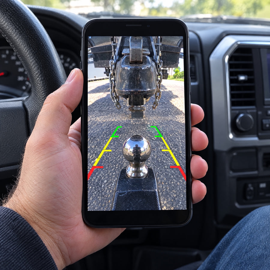 Phone showing the hitch ball lining up with guide lines