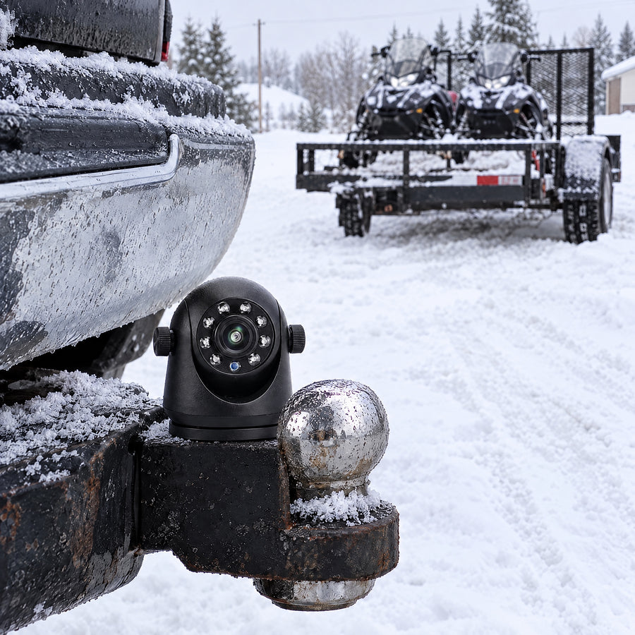 Hitch camera on a pickup in the snow with a snowmobile trailer
