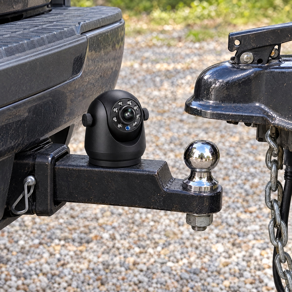 OneShot Hitch camera on a truck's ball mount, trailer coupler above the ball