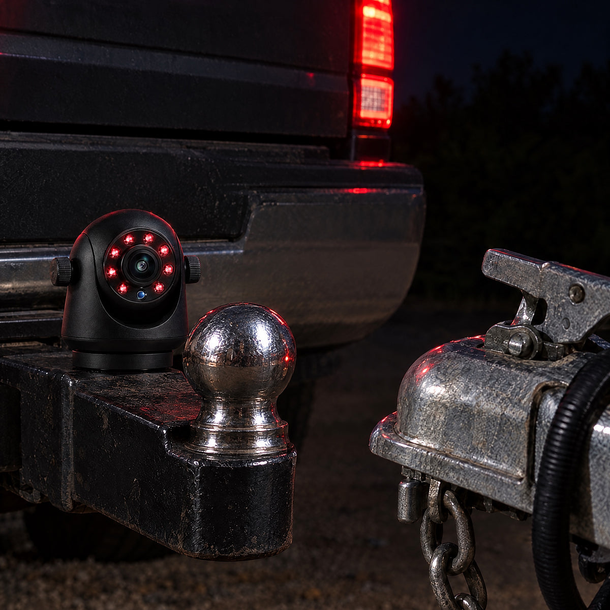 OneShot Hitch camera on a hitch at night